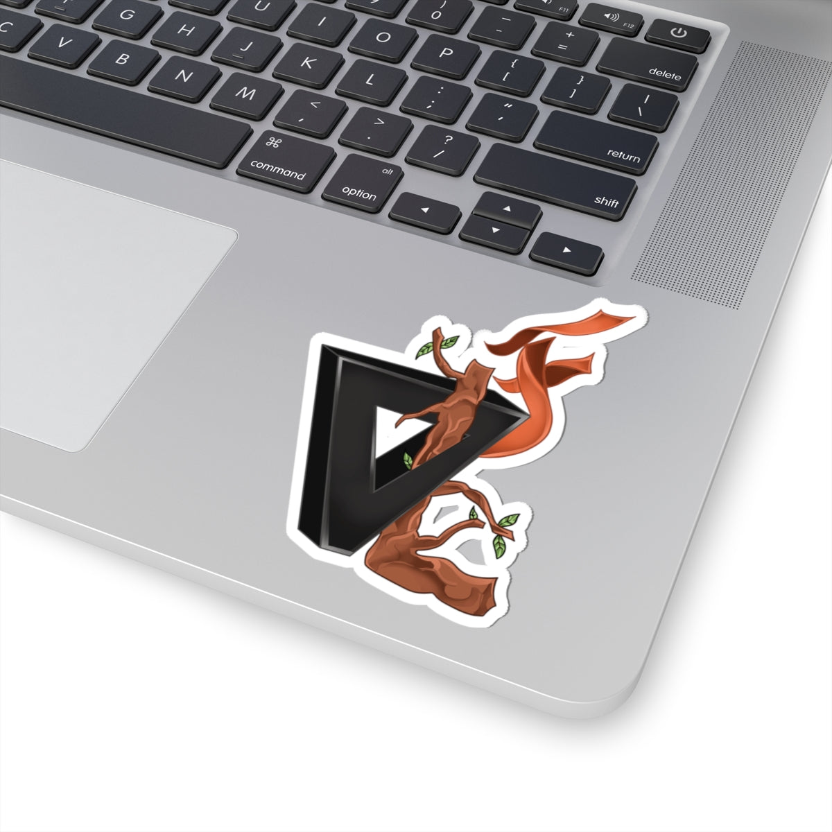 V Black Triangle & Flame Tree Kiss-Cut Sticker — Nature Meets Tech Laptop Decal