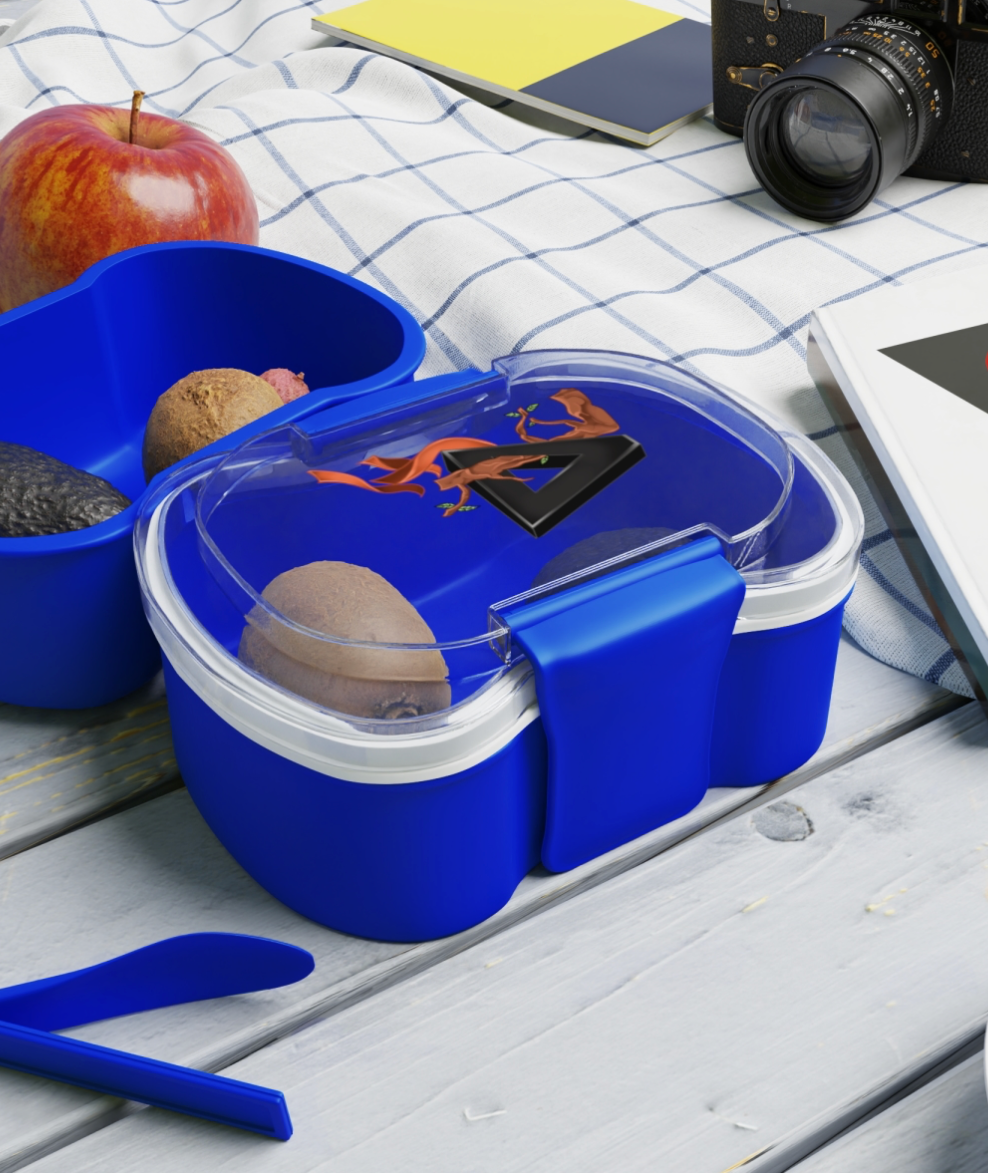 Blue Two-Tier Bento Box with Surreal Triangle & Floral Design — Leakproof Lunch Container